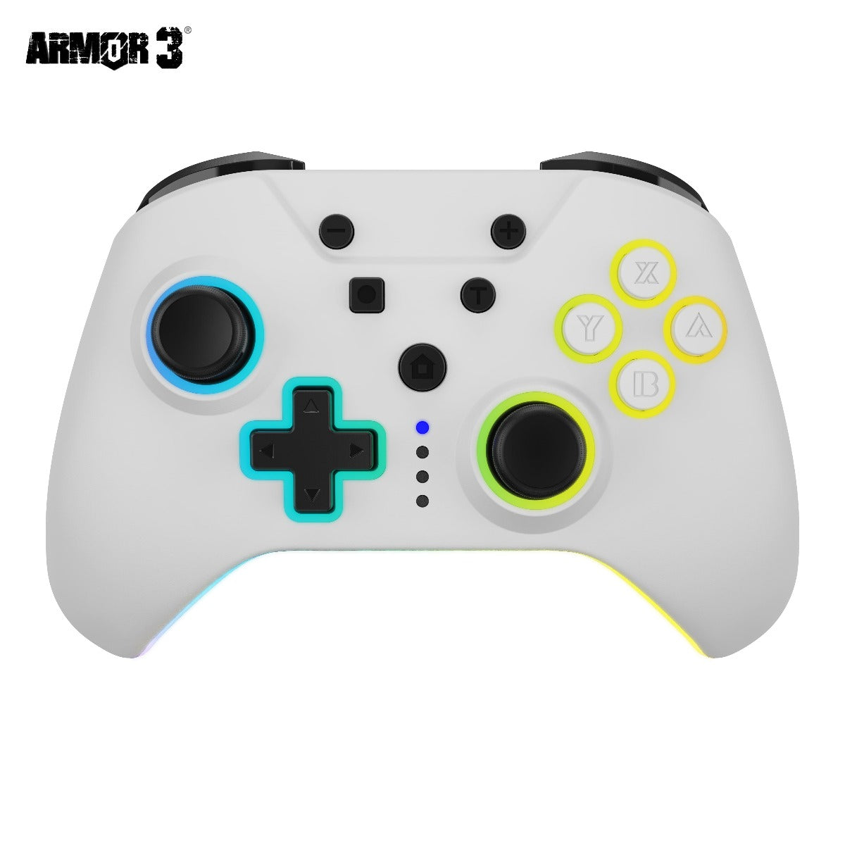 White gaming controller with colorful buttons on a white background, featuring the Armor 3 logo.