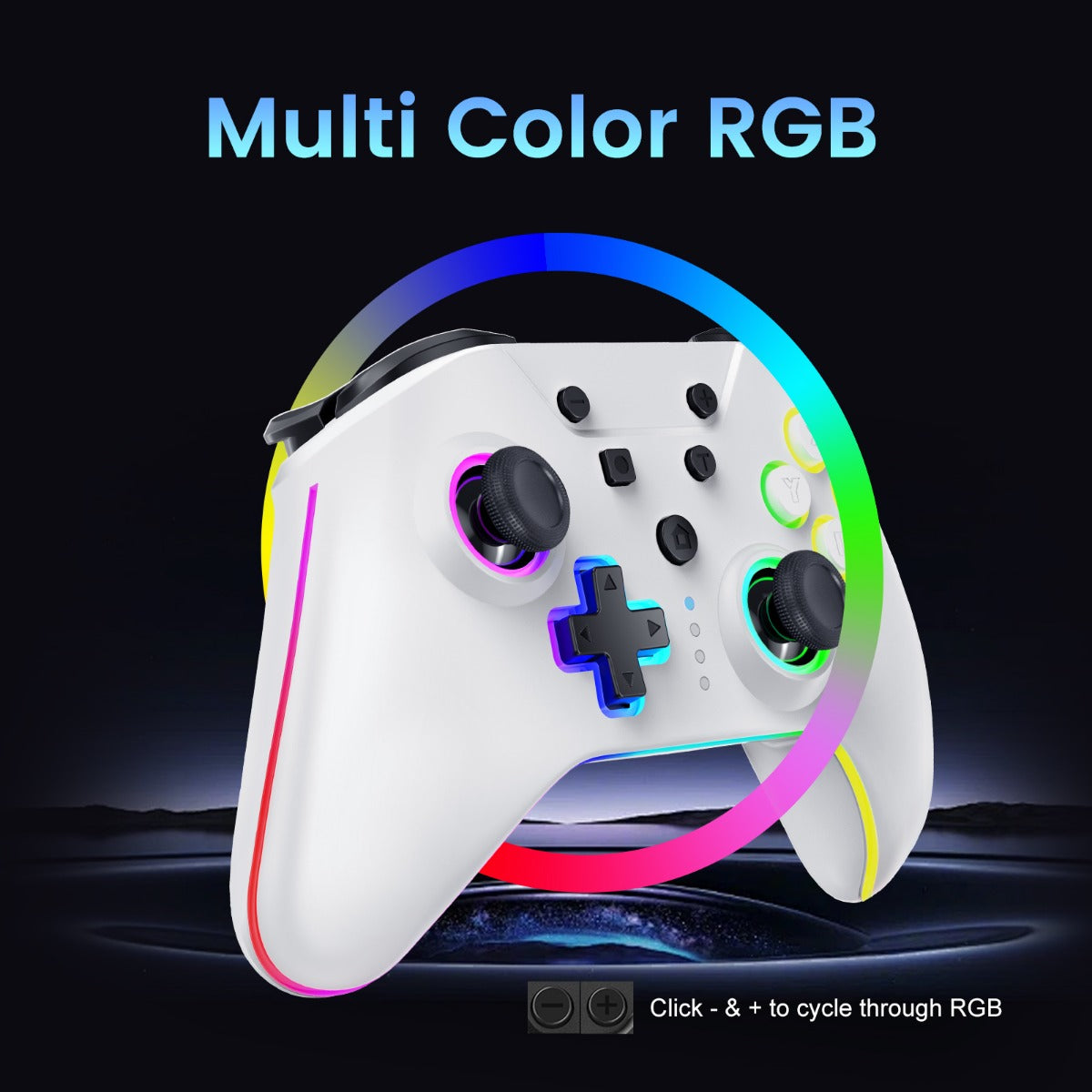 White gaming controller with RGB lighting on a dark background