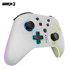 Gray gaming controller with black, blue, and green accents on a white background, featuring the Armor 3 logo.