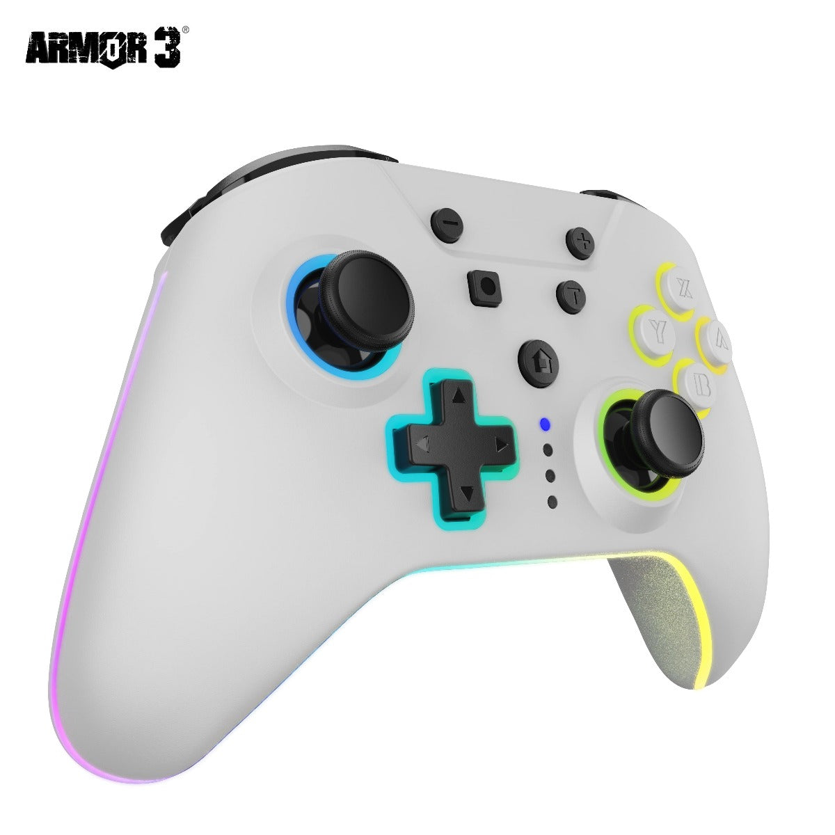 Gray gaming controller with black, blue, and green accents on a white background, featuring the Armor 3 logo.