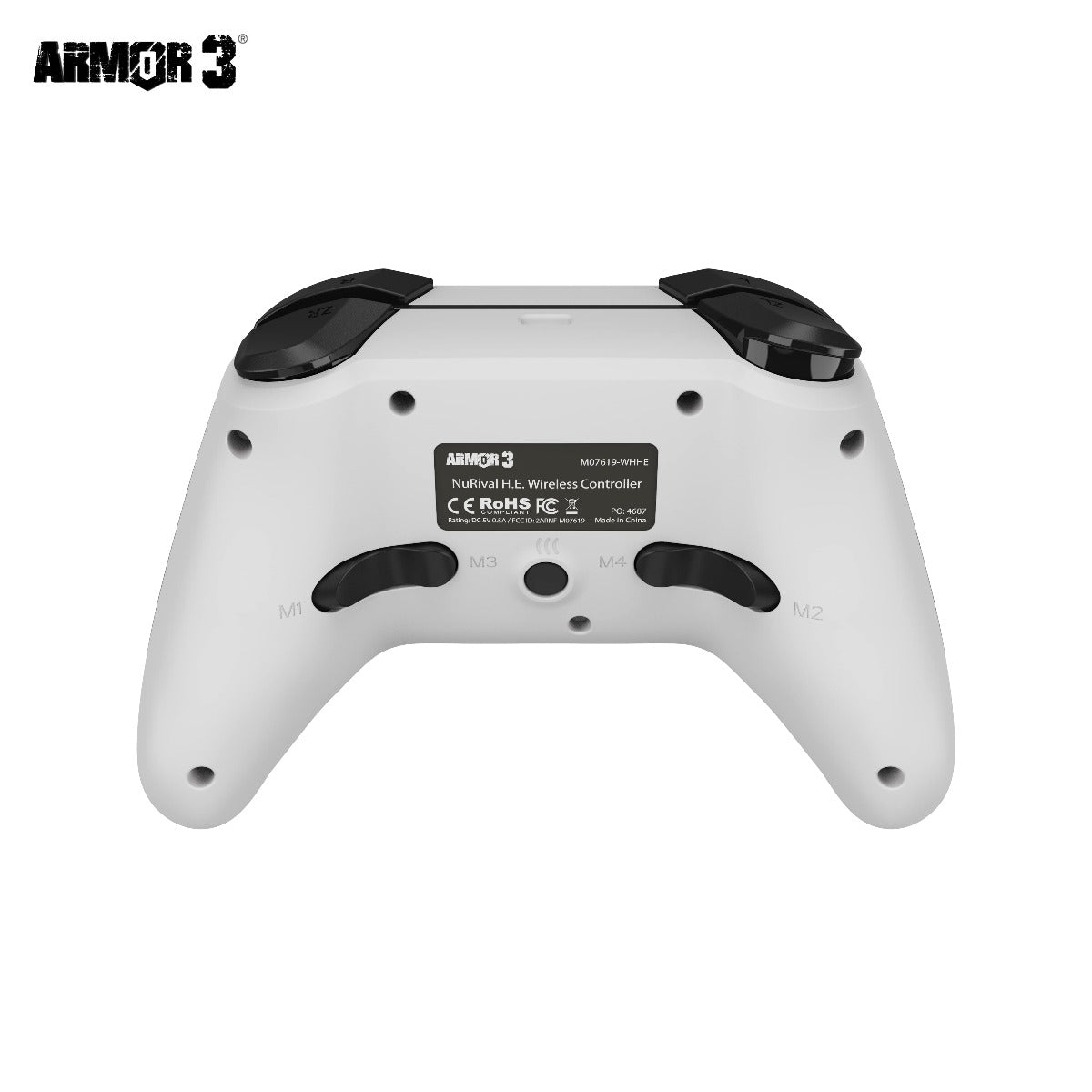 White gaming controller with black accents on a white background, featuring the Armor 3 logo.