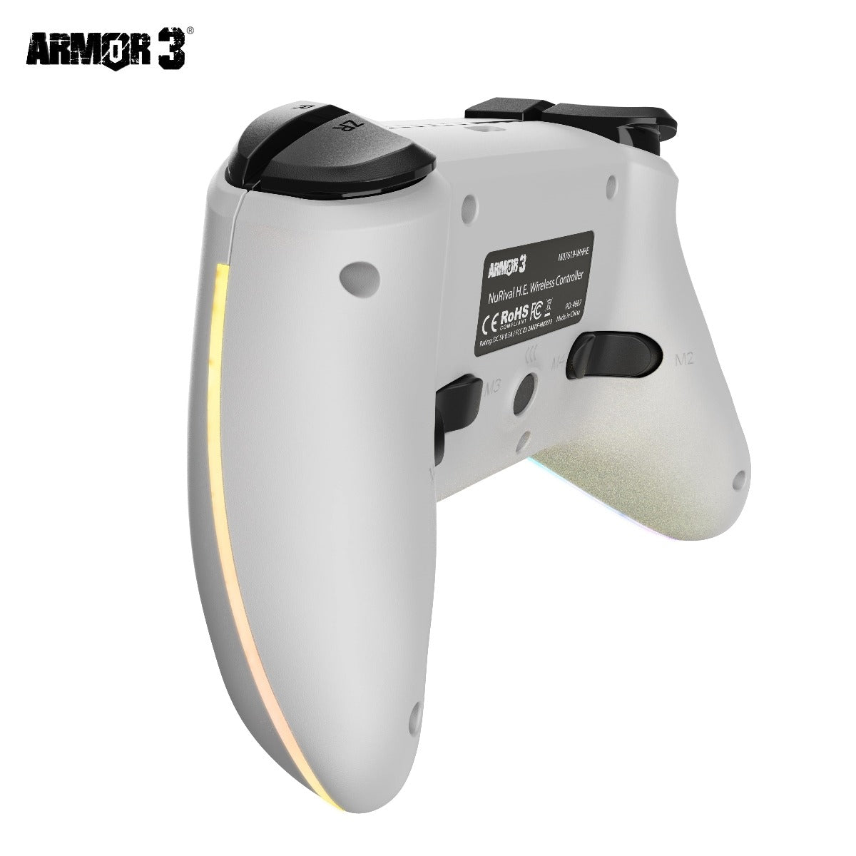 White gaming controller with black accents on a white background, featuring the Armor 3 logo.