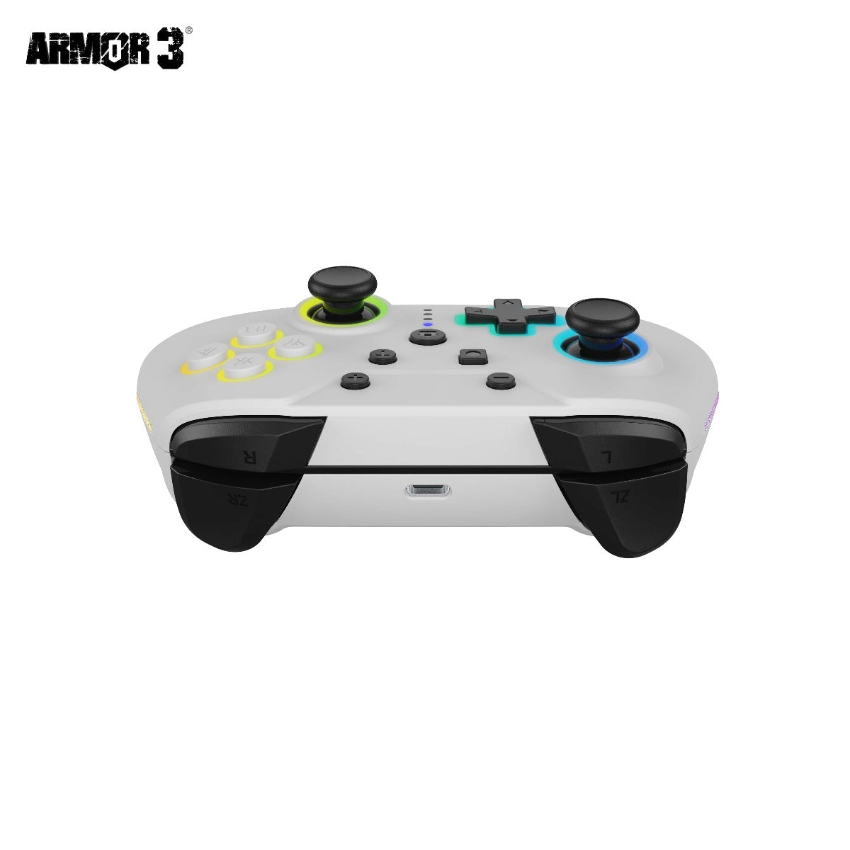 White gaming controller with black accents on a white background, featuring the Armor 3 logo.