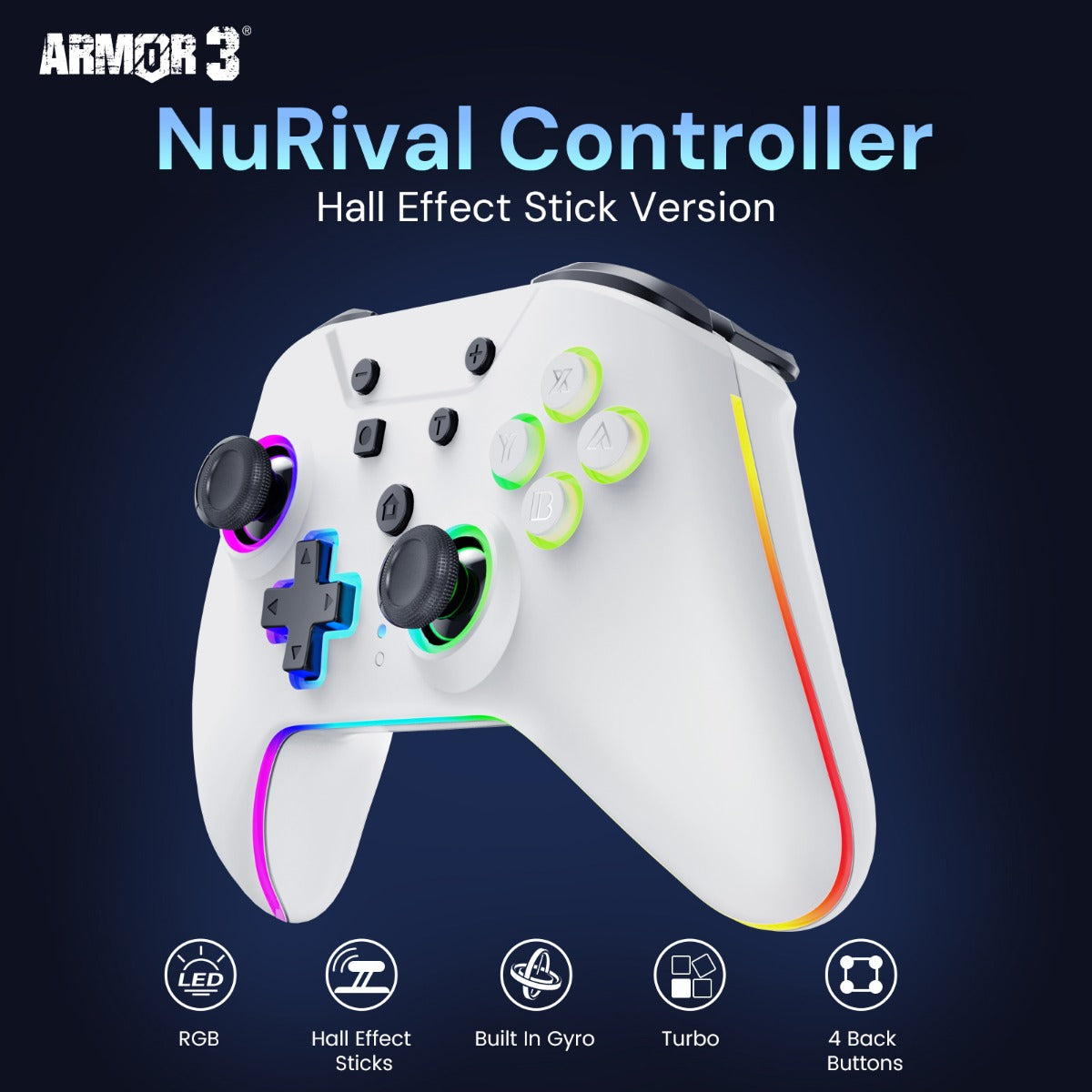 Gaming controller with RGB lighting on a dark blue background, featuring Armor 3 branding.
