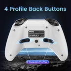 White gaming controller with labeled back buttons on a dark background