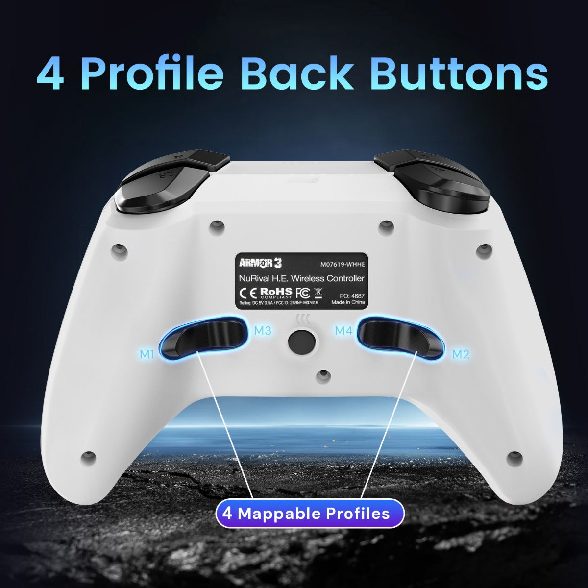 White gaming controller with labeled back buttons on a dark background