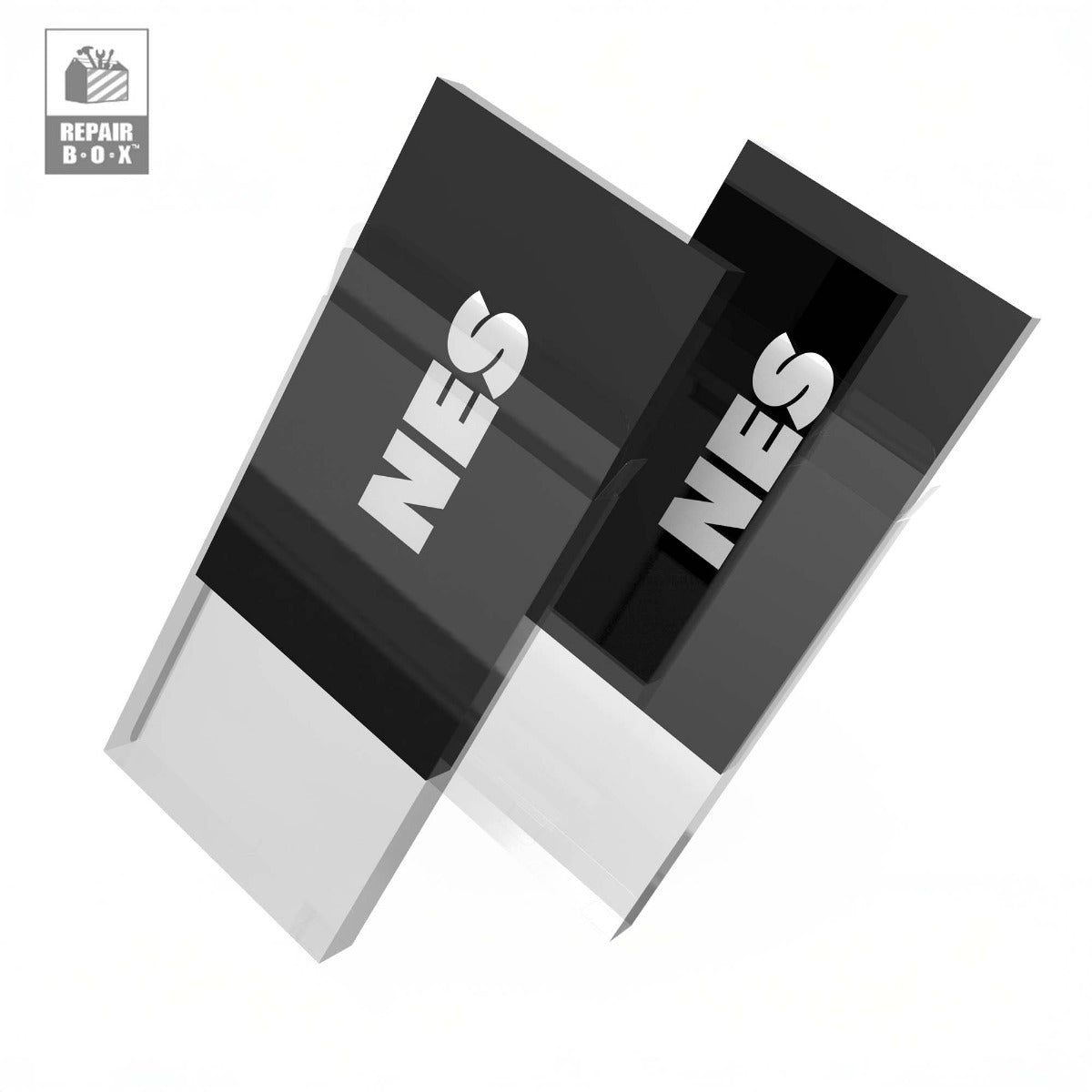 Two black rectangular objects with 'NES' branding on a white background