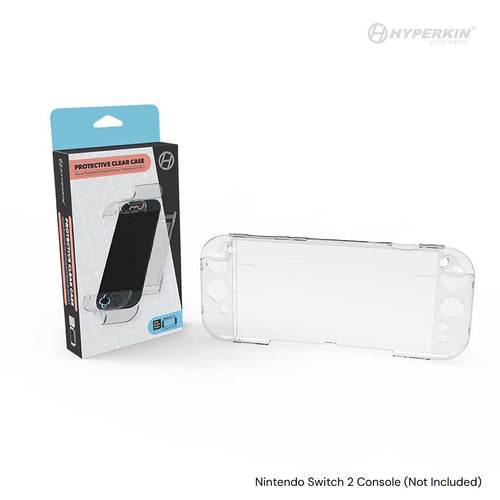 Clear protective case for Nintendo Switch 2 console next to Hyperkin packaging on a white background