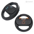 Hyperkin wireless racing wheel controllers in black, front and rear views, featuring motion steering and button controls for console racing games.