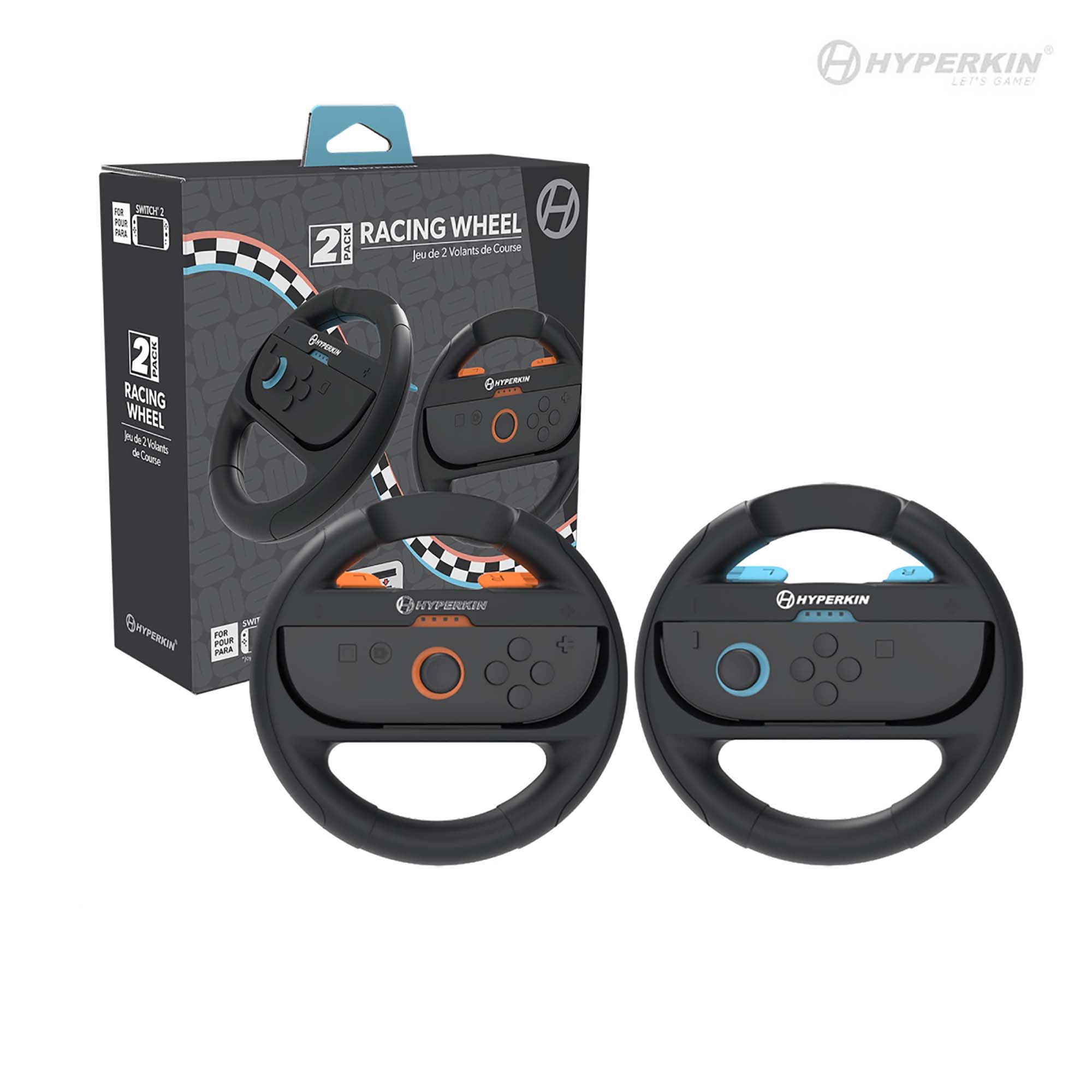 Two steering wheels with Hyperkin branding next to their packaging on a white background.