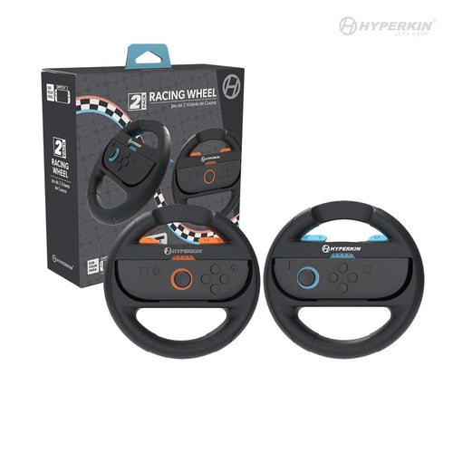 Two steering wheels with Hyperkin branding next to their packaging on a white background.