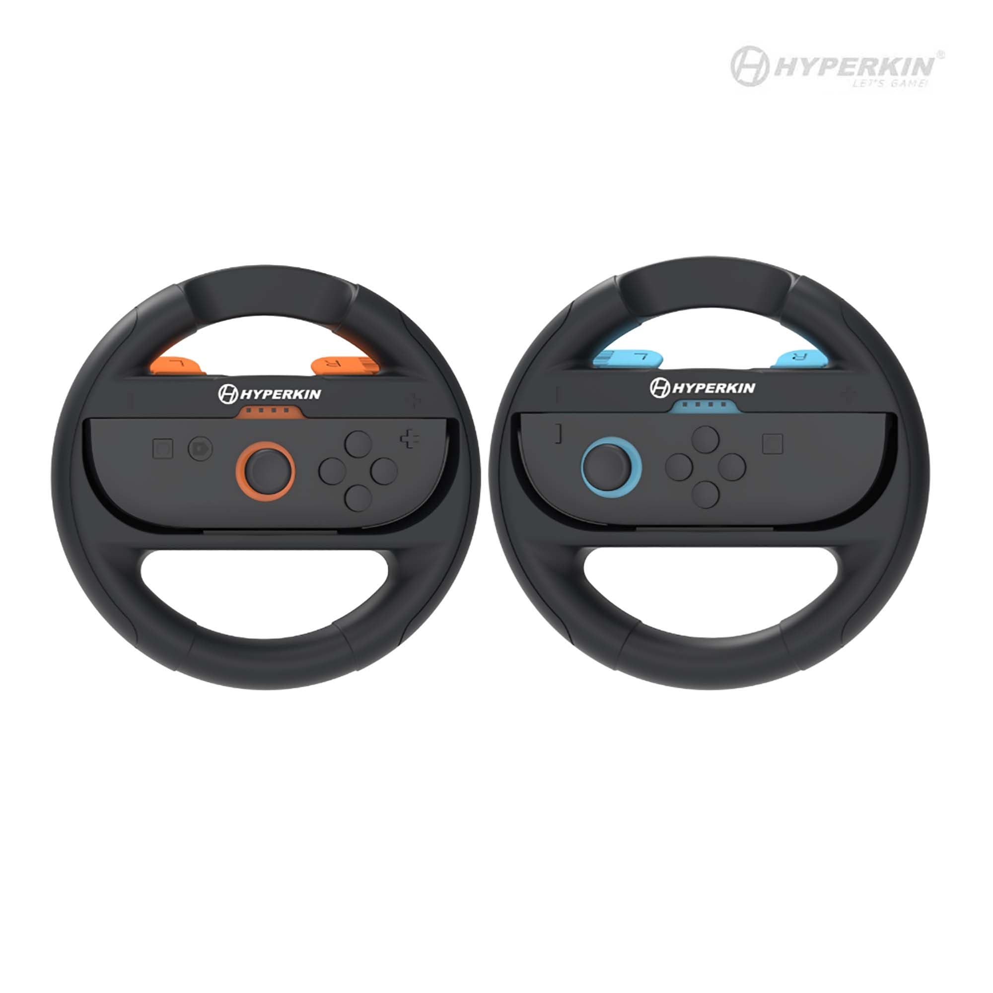 Two steering wheels with Hyperkin branding on a white background