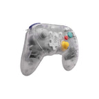 Clear gaming controller with colorful buttons on a white background