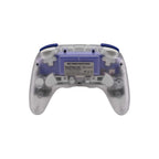 Clear gaming controller with blue accents on a white background