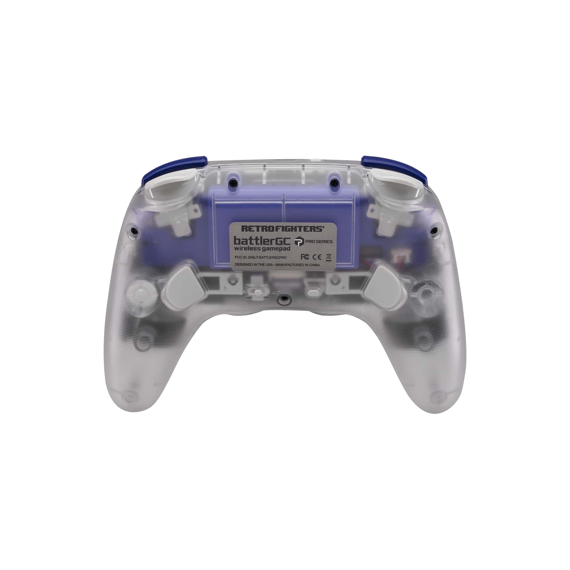 Clear gaming controller with blue accents on a white background