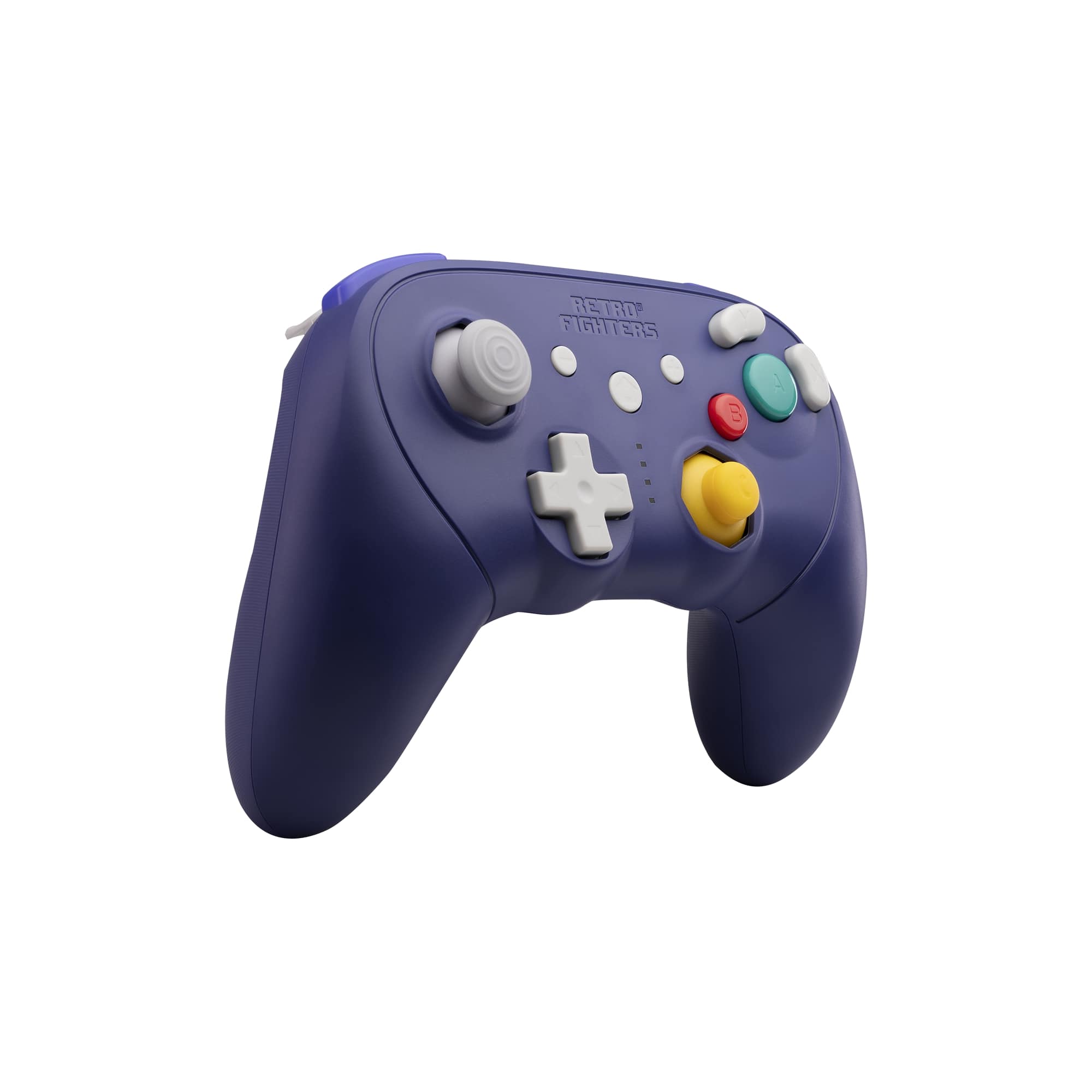 Purple gaming controller with colorful buttons on a white background