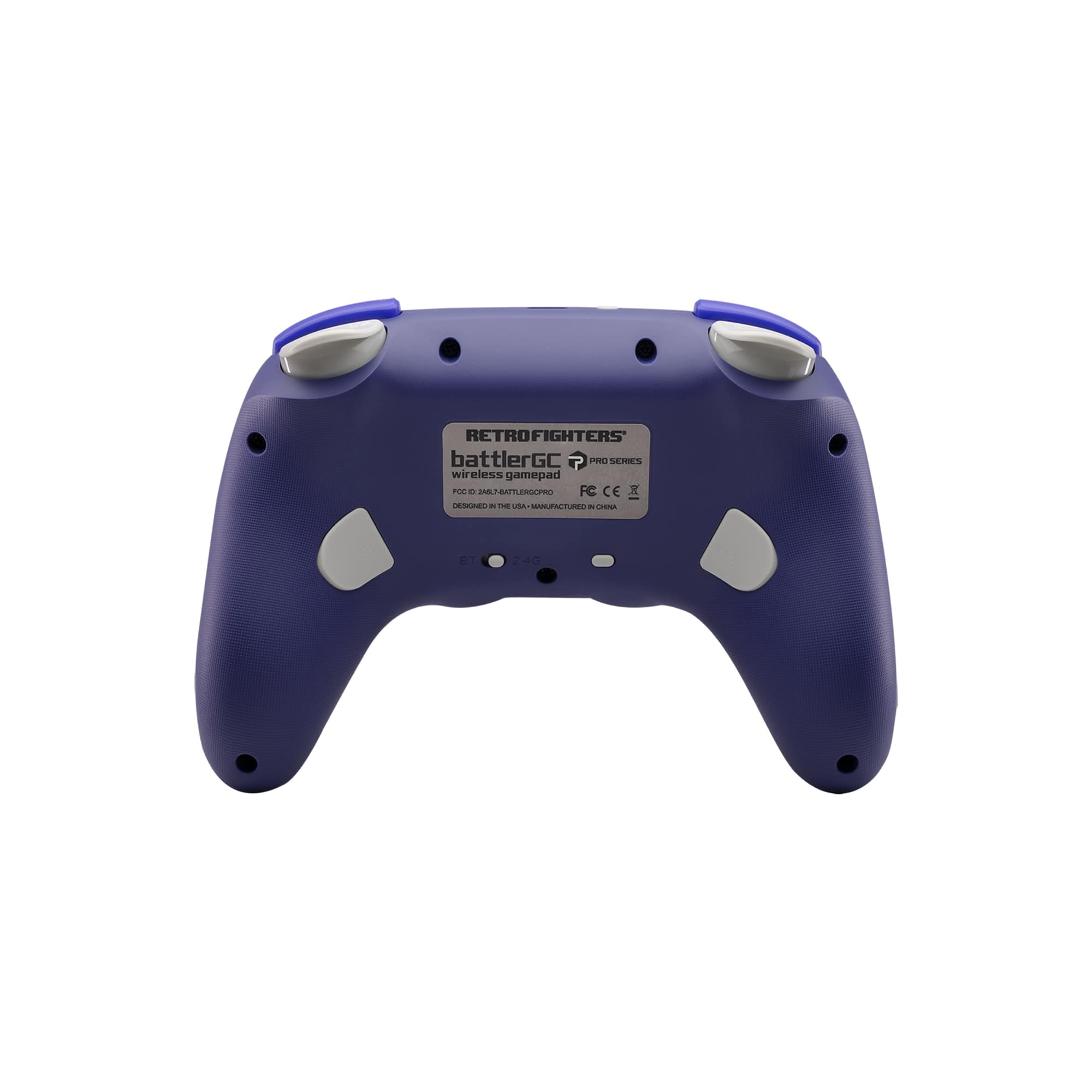 Purple gaming controller with 'Retrofighters' branding on a white background