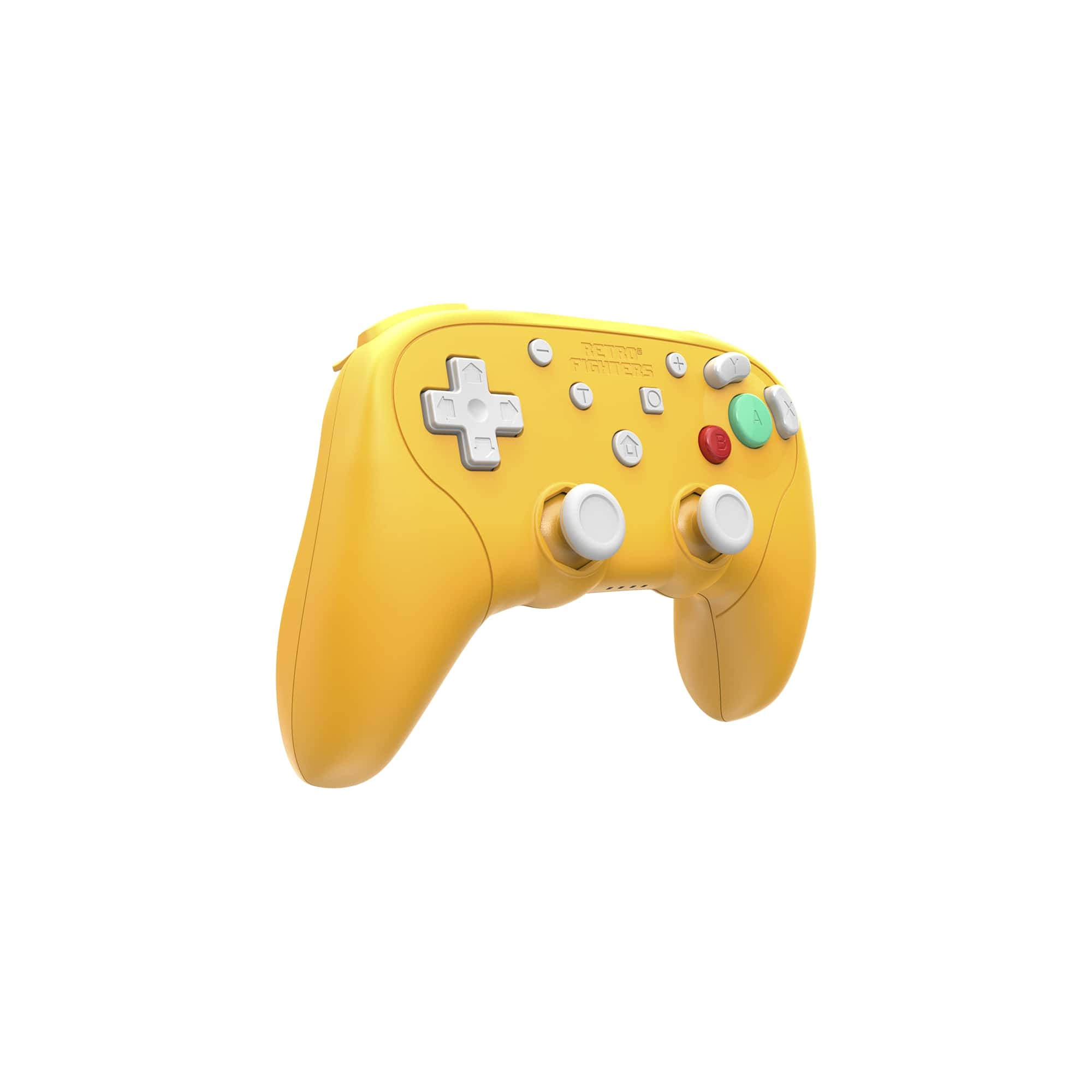Yellow gaming controller with colorful buttons on a white background