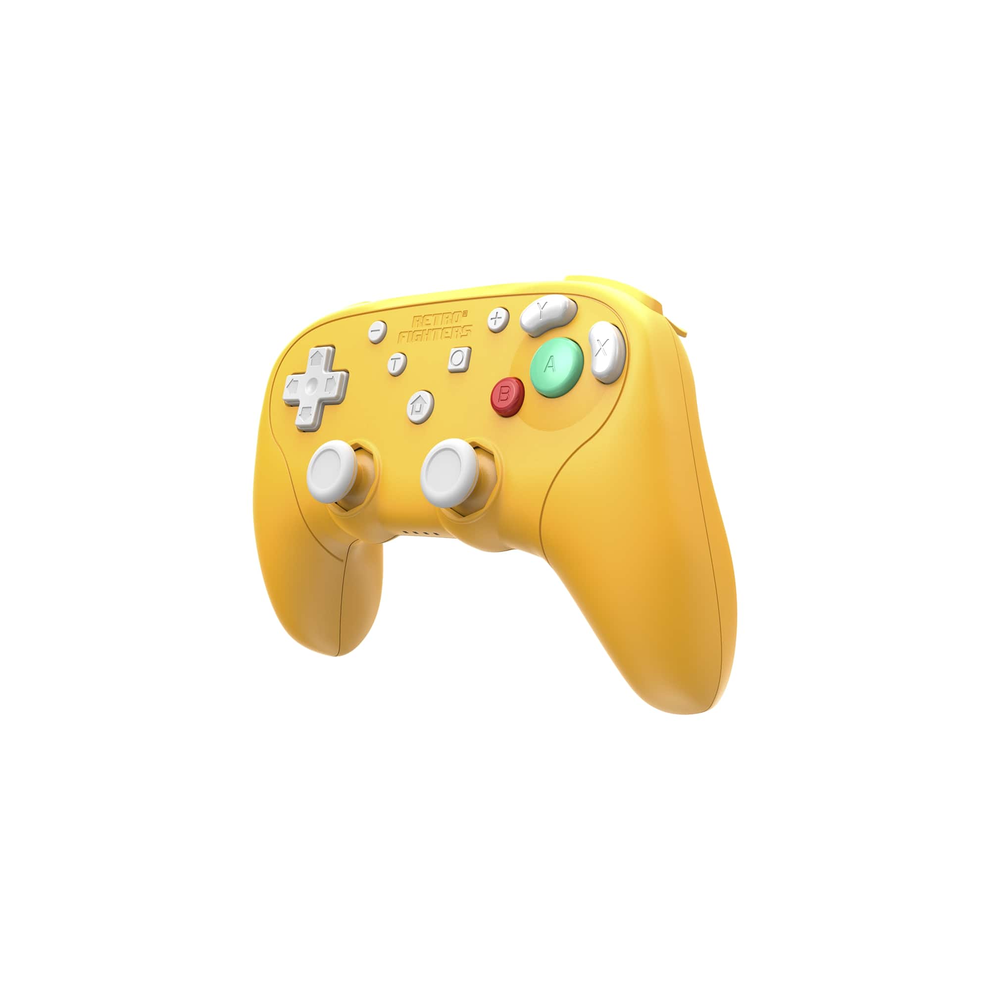 Yellow gaming controller with colorful buttons on a white background