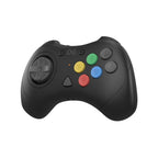 Retro Fighters D6 wireless controller in black, angled view with D-pad, multicolor buttons, and ergonomic design for Dreamcast, Switch, and PC gaming.