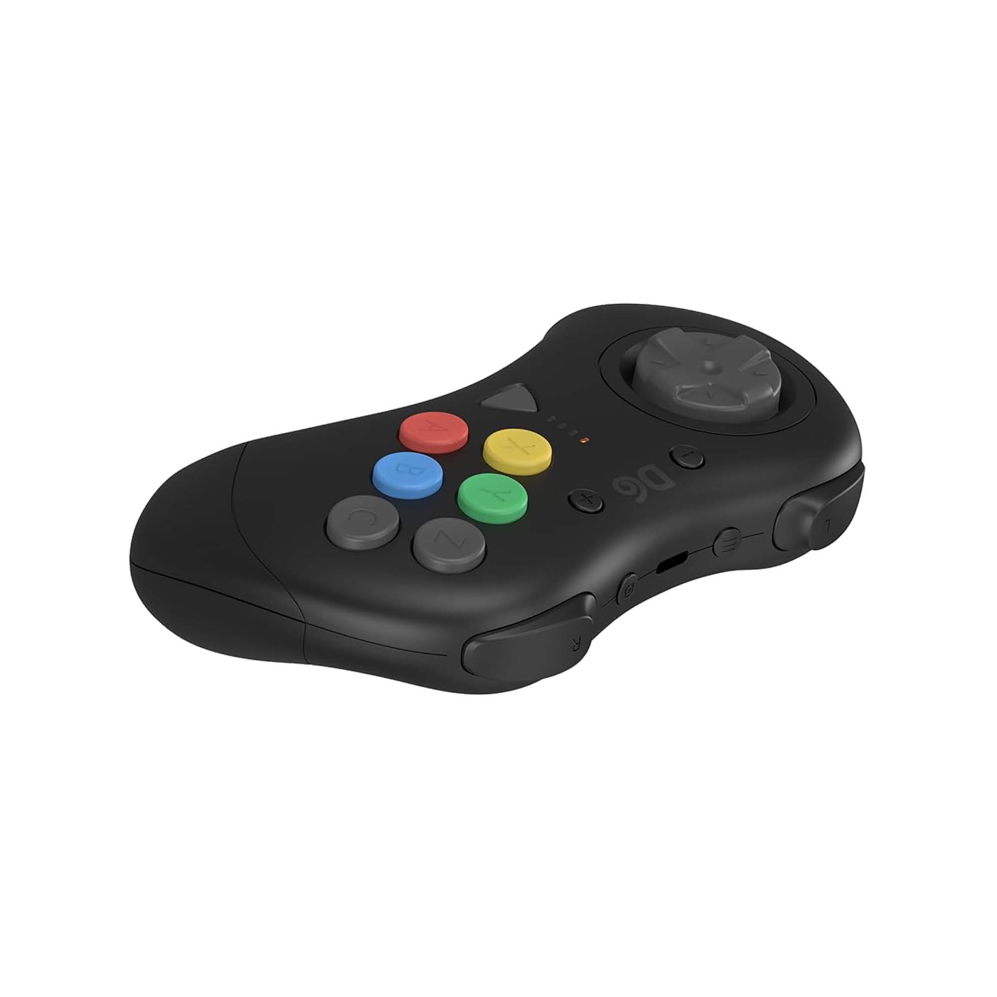 Retro Fighters D6 wireless controller in black, side angled view showing shoulder buttons, D-pad, multicolor buttons, and ergonomic design for Dreamcast, Switch, and PC gaming.