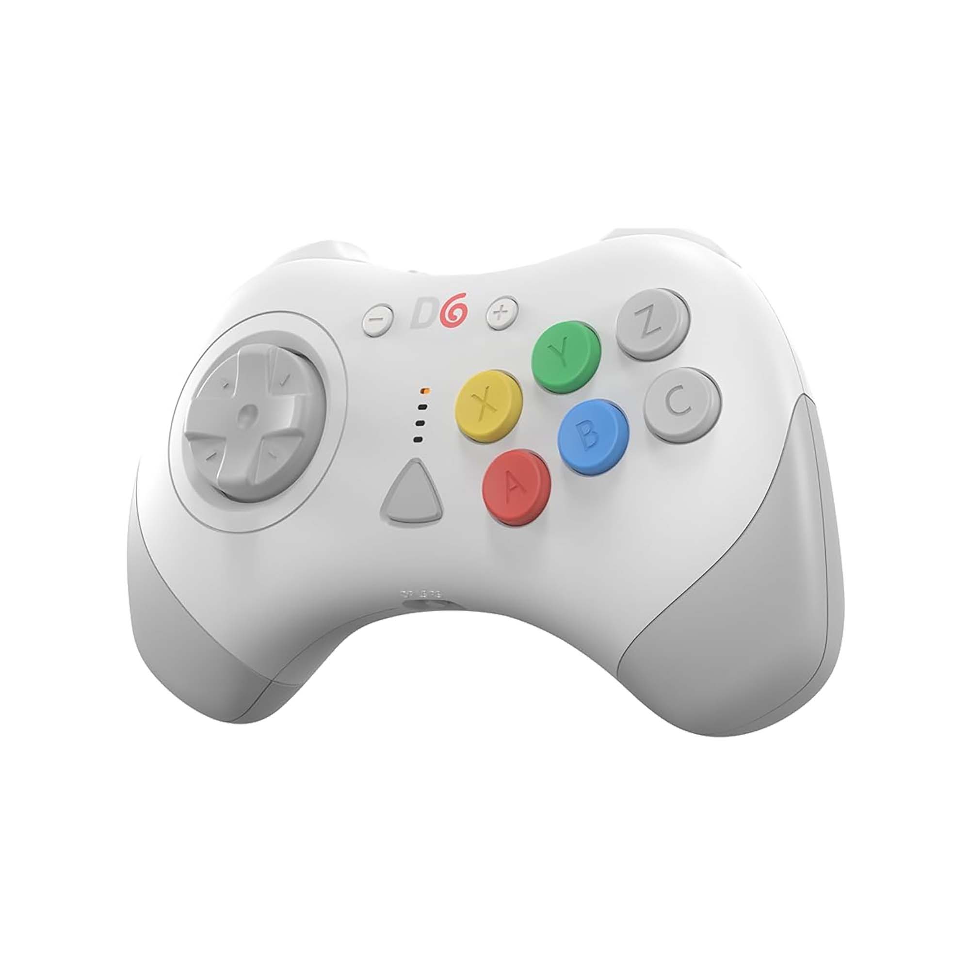 Retro Fighters D6 wireless controller in white, angled view with D-pad, multicolor buttons, and ergonomic design for Dreamcast, Switch, and PC gaming.
