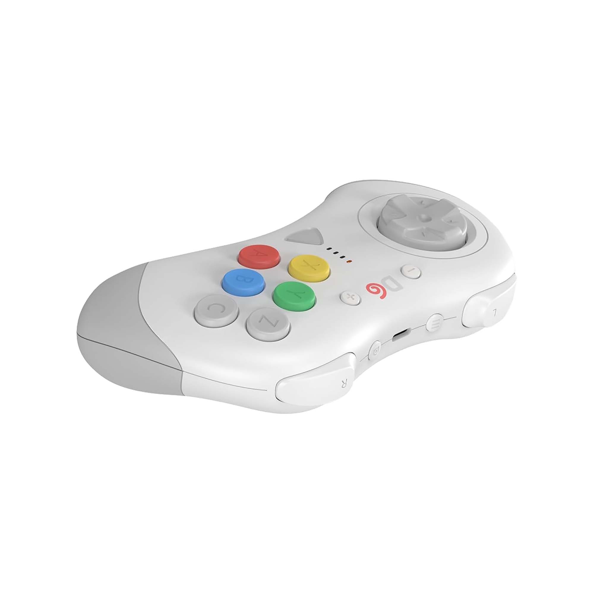 White gaming controller with colorful buttons on a white background
