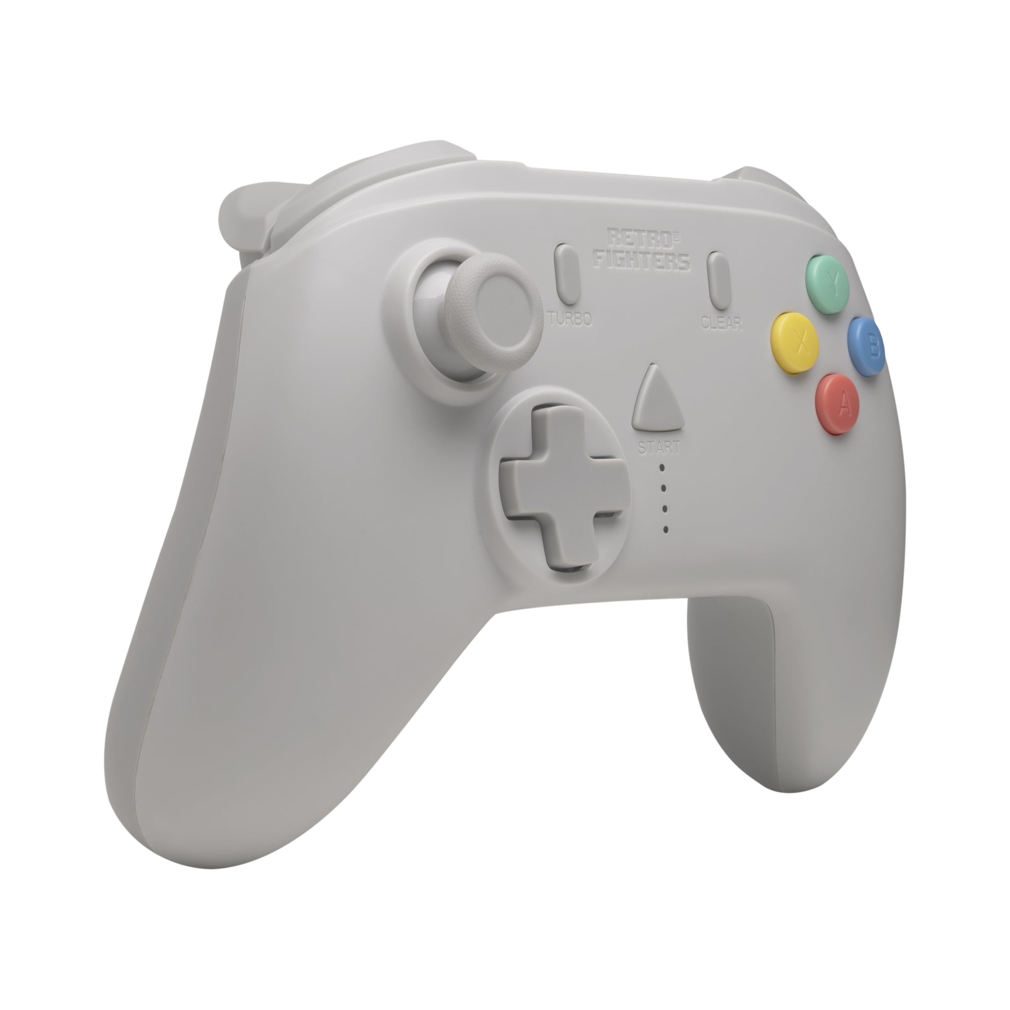 Retro Fighters wireless controller in white, angled view showing analog stick, D-pad, turbo buttons, and colorful action buttons for retro gaming.