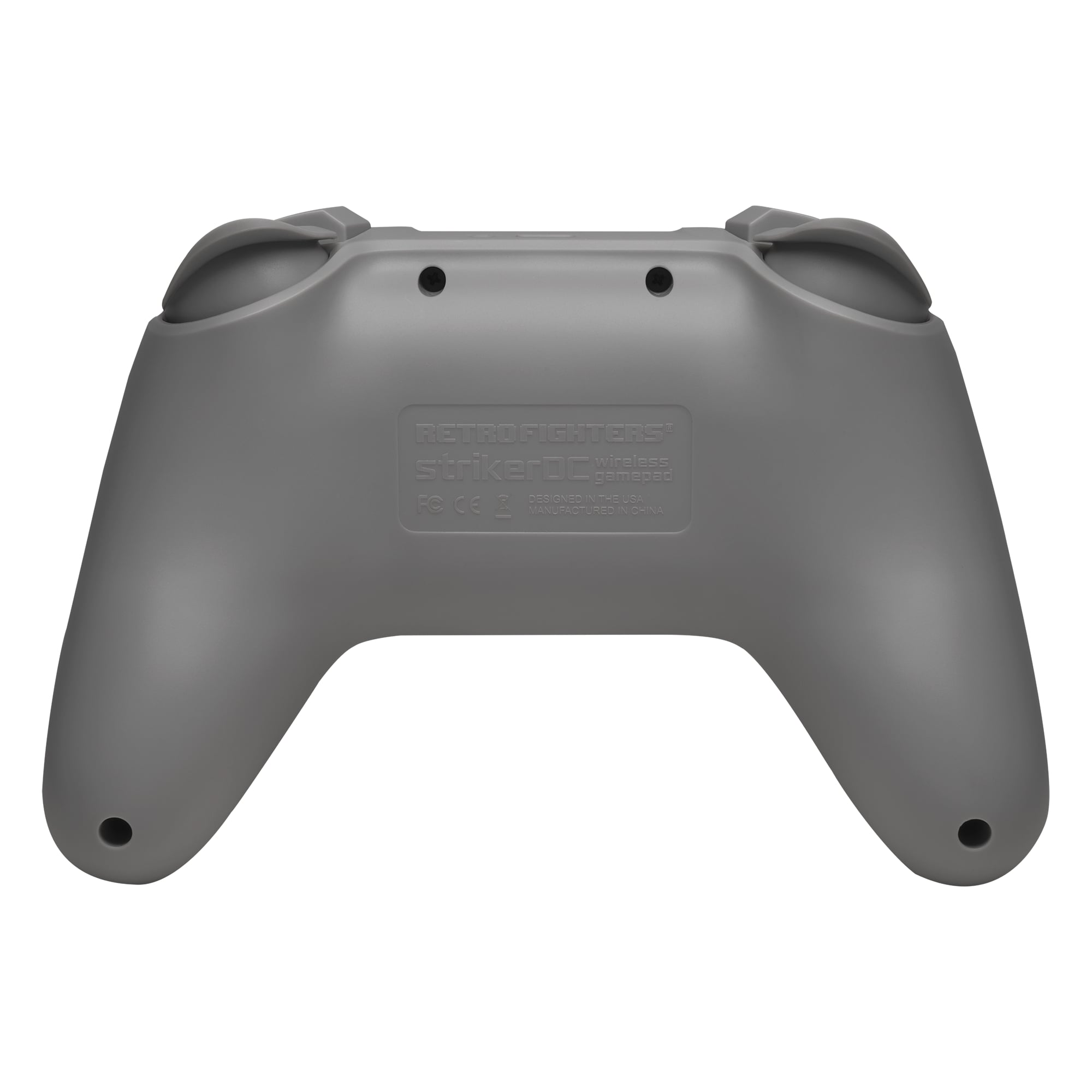 Retro Fighters wireless controller rear view in gray, showing triggers, shoulder buttons, and ergonomic grip design.