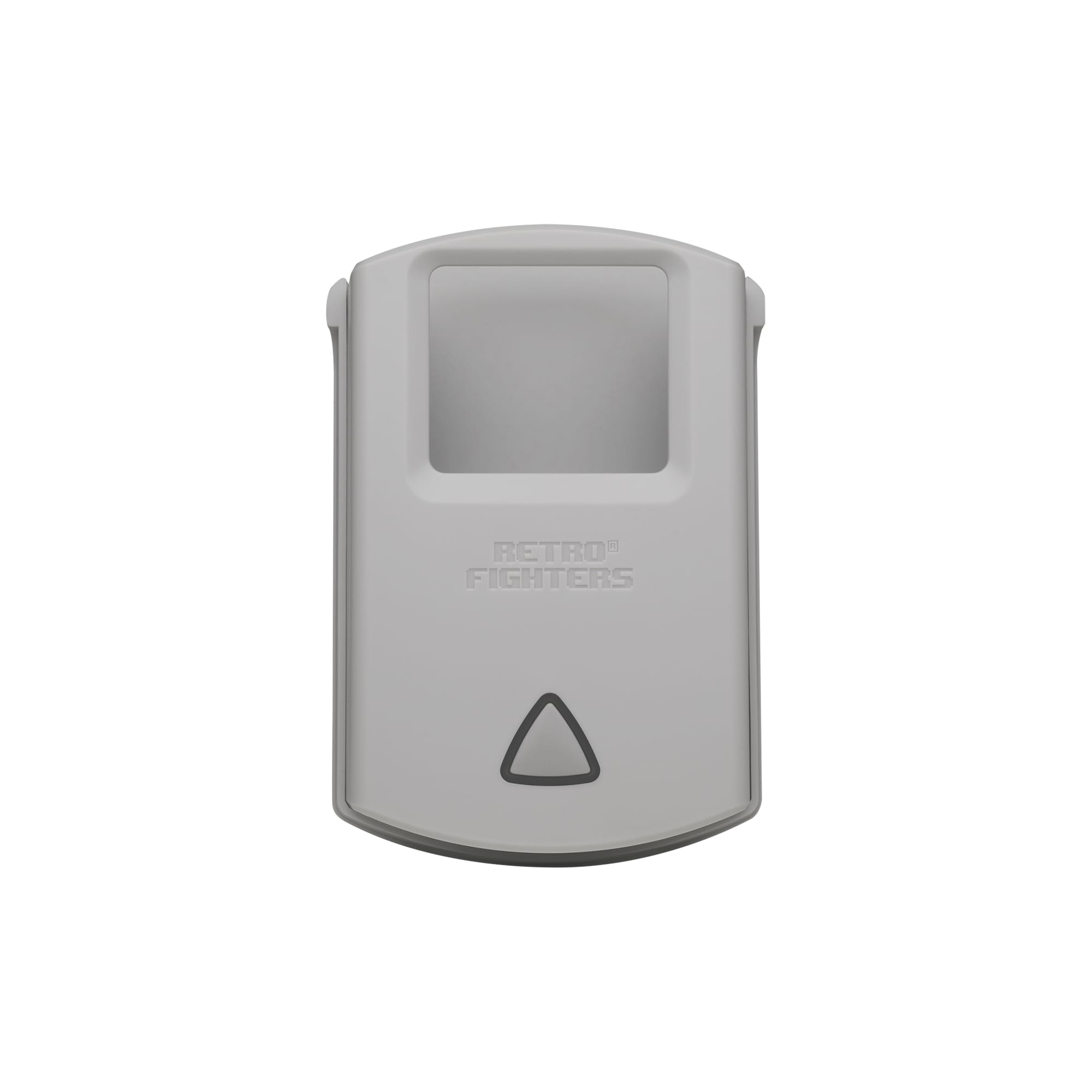 Retro Fighters wireless receiver adapter in gray, front view with pairing button and cartridge-style design for retro console compatibility.

