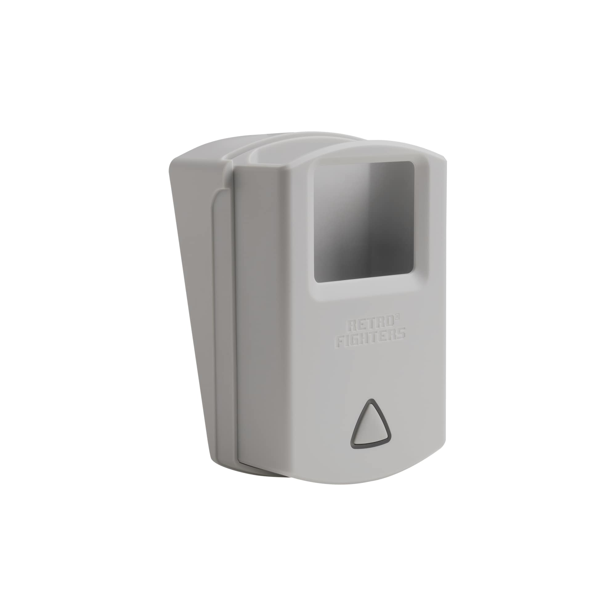 Retro Fighters wireless receiver adapter in gray, front view with pairing button and cartridge-style design for retro console compatibility.