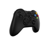 Black gaming controller with colorful buttons on a white background