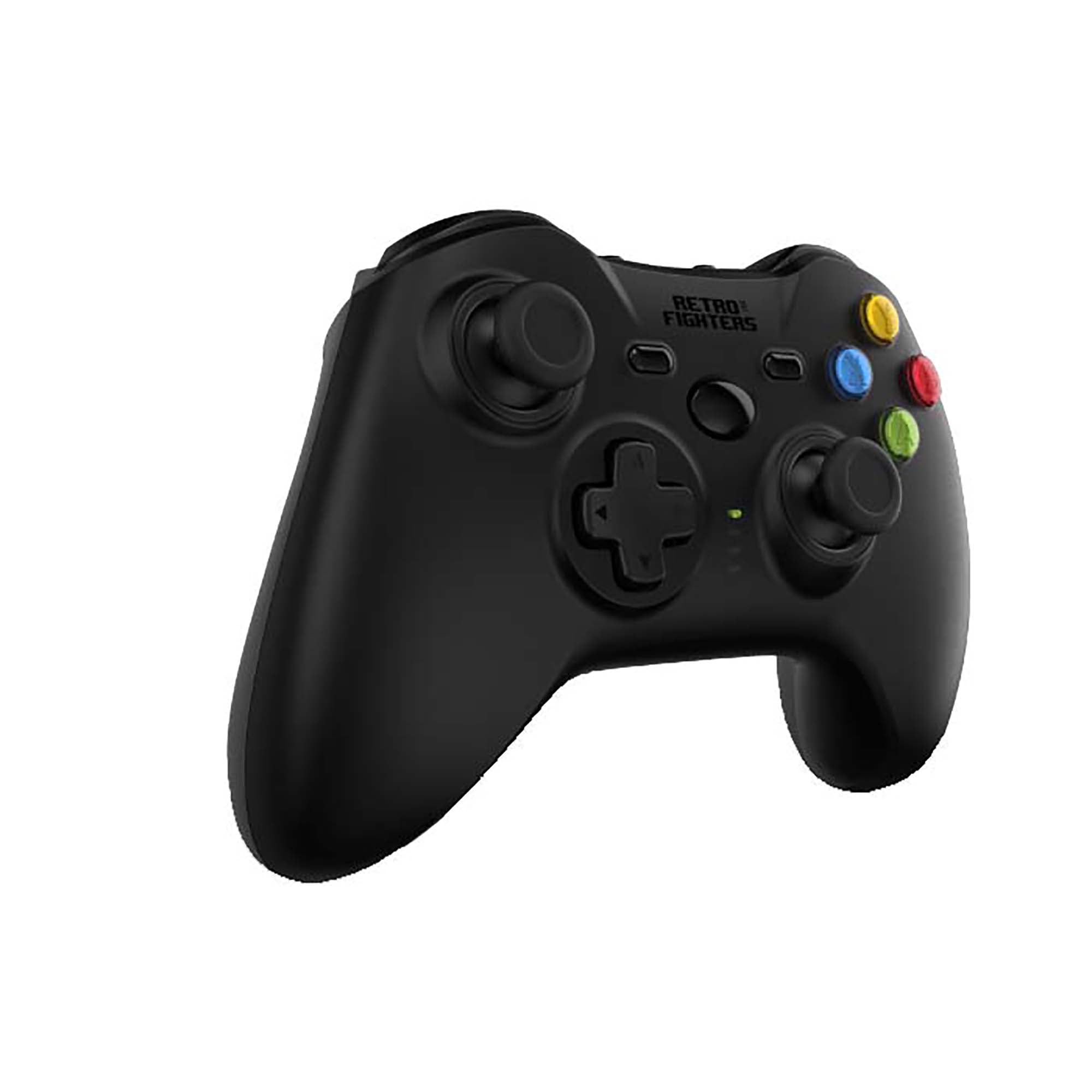 Black gaming controller with colorful buttons on a white background