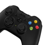 Black gaming controller with colorful buttons on a white background