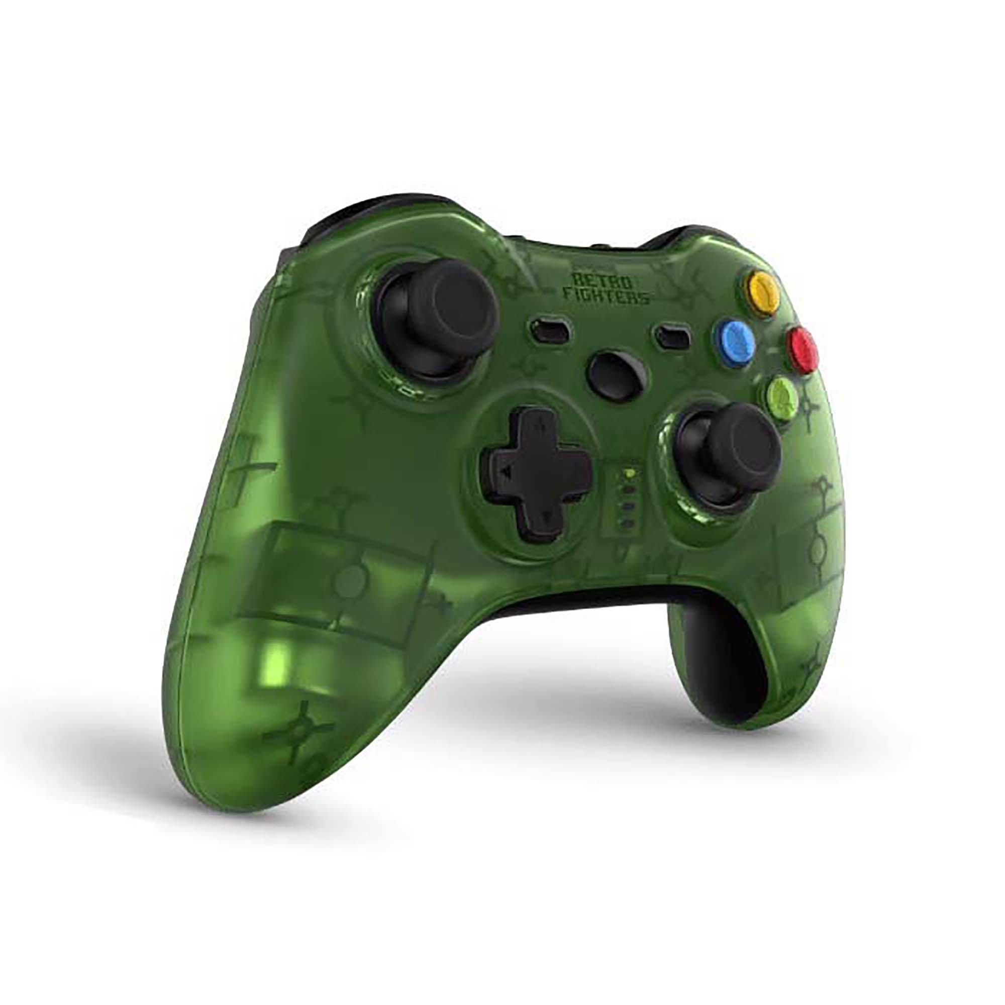 Green gaming controller with colored buttons on a white background