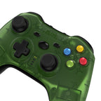 Green gaming controller with color-coded buttons on a white background