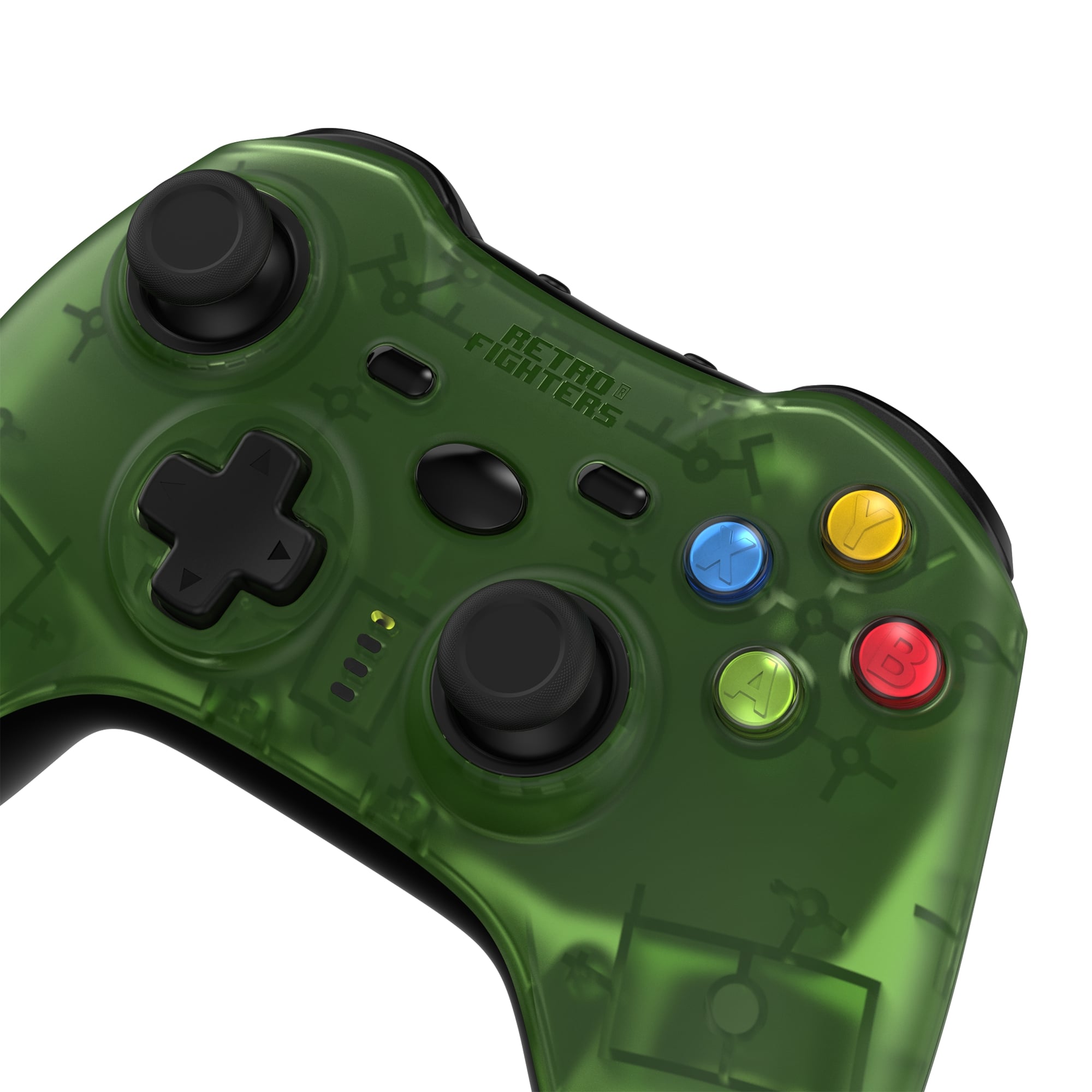 Green gaming controller with color-coded buttons on a white background