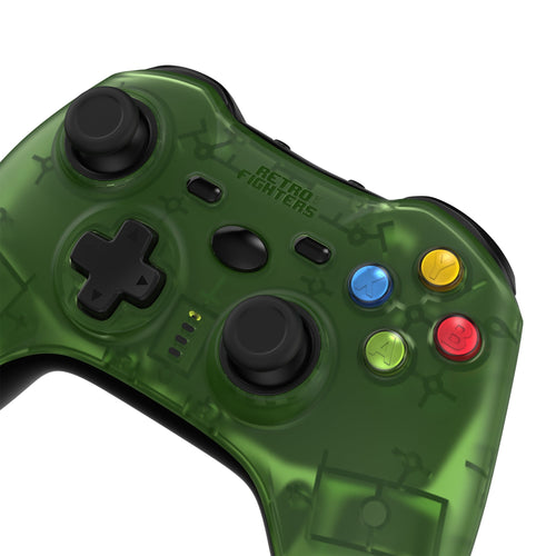 Green gaming controller with color-coded buttons on a white background