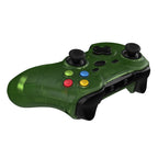Green gaming controller with colored buttons on a white background