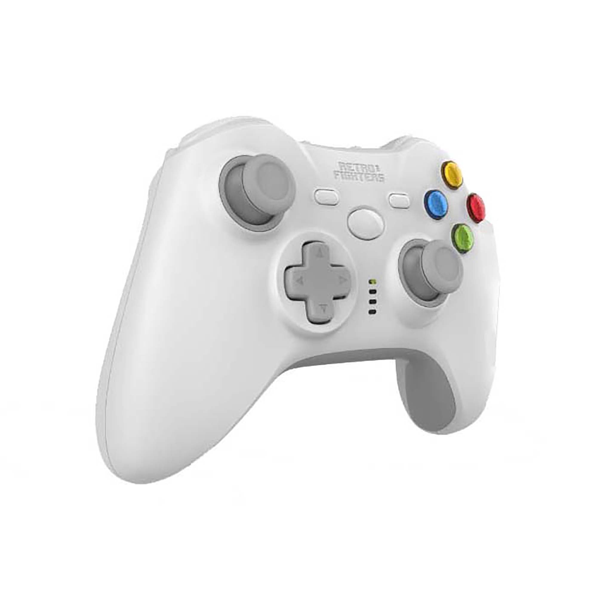 White gaming controller with color-coded buttons on a white background