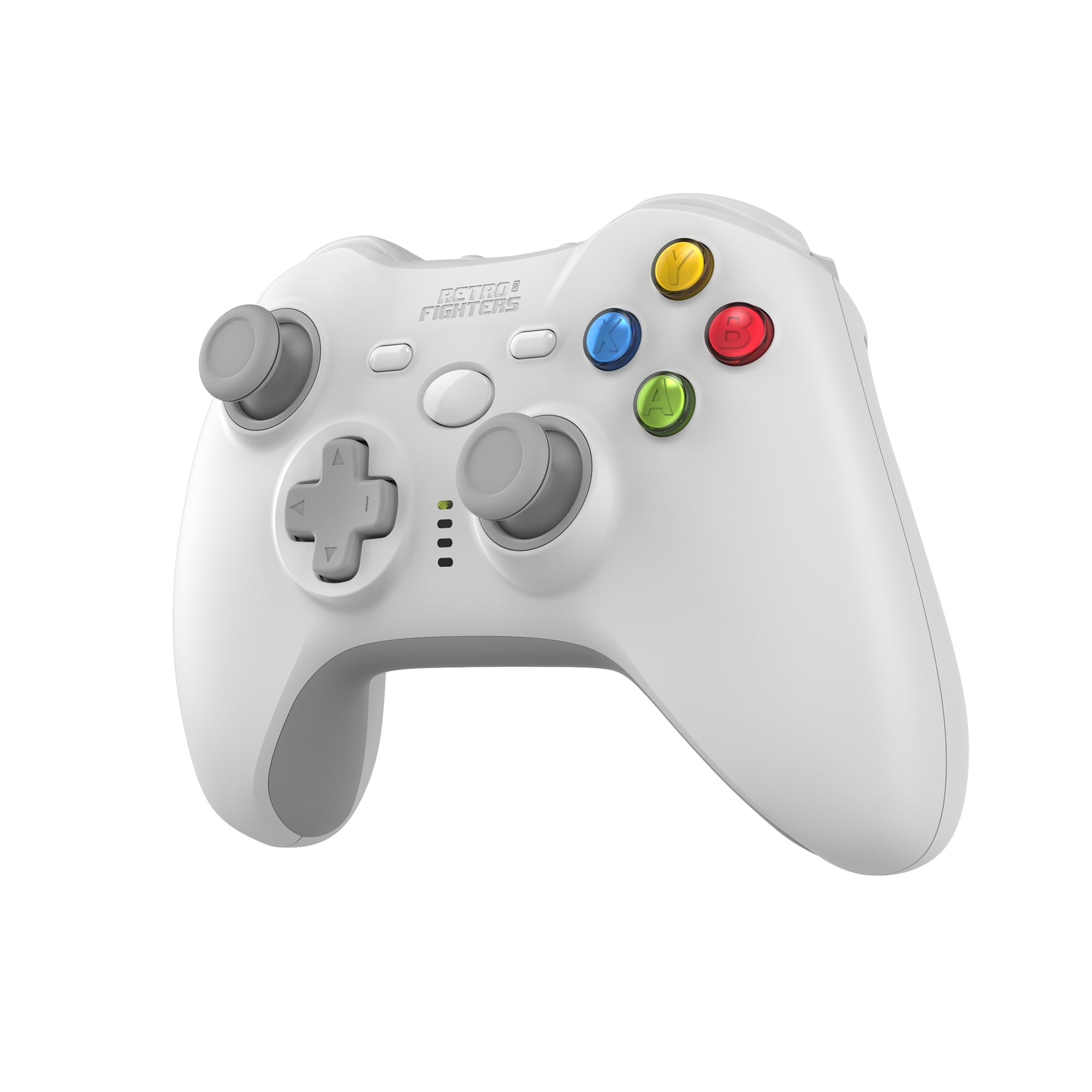 White gaming controller with color-coded buttons on a white background