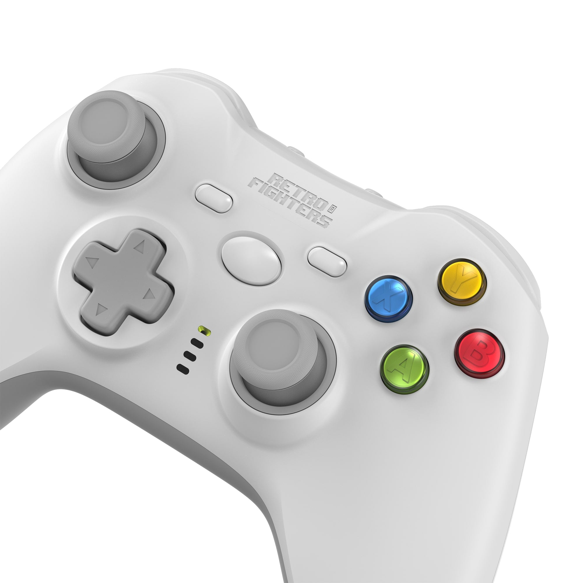 White gaming controller with colored buttons on a white background