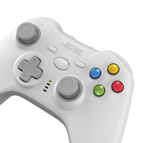 White gaming controller with colored buttons on a white background