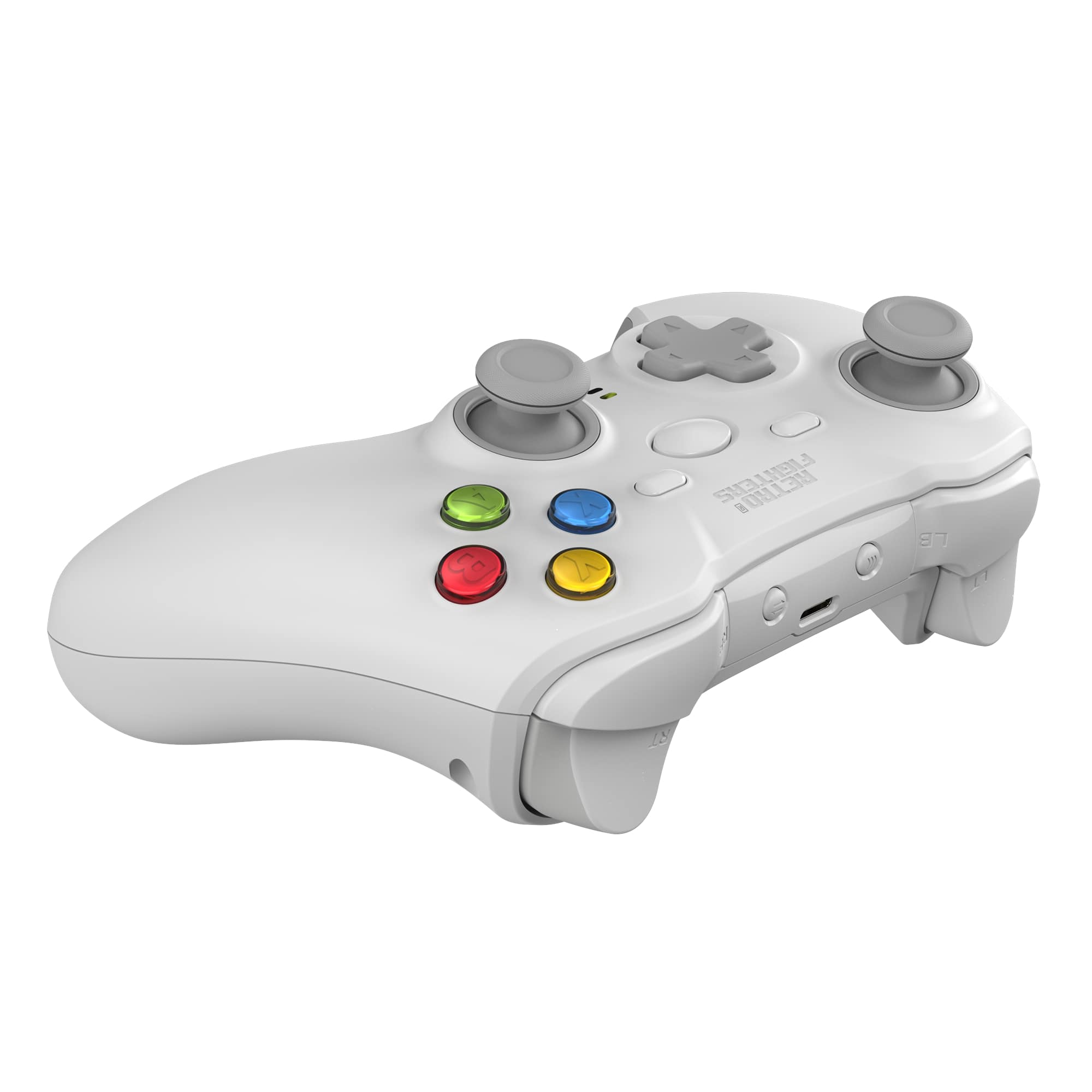 White gaming controller with colored buttons on a white background