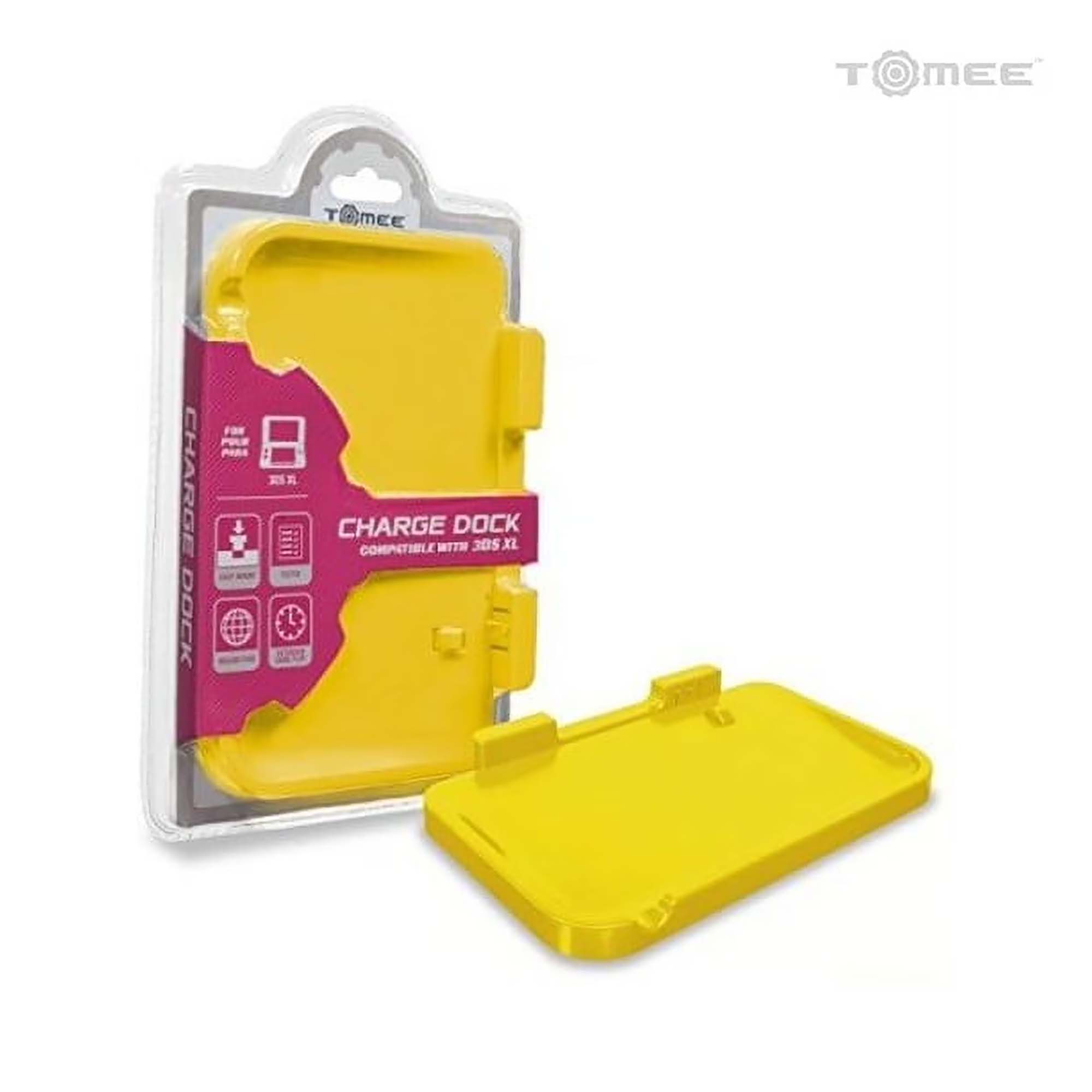 Tomee charge dock for Nintendo 3DS XL in yellow, shown with retail packaging and charging cradle stand.